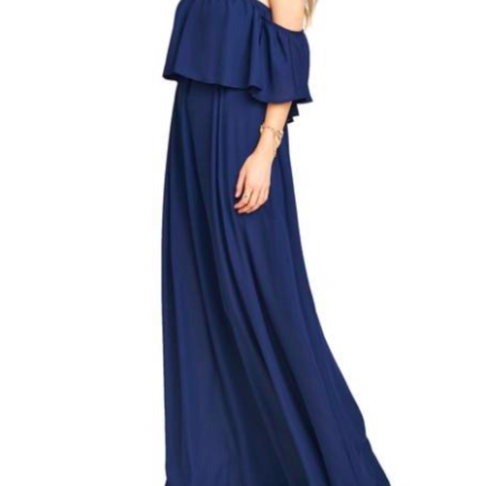 Show Me Your Mumu women’s Rebecca Ruffle sleeveless Navy Maxi Dress gown Medium
